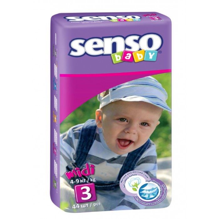 Senso Baby Подгузники миди (4-7 кг) 44 шт.Подгузники миди (4-7 кг) 44 шт. Senso Baby Подгузники миди (4-7 кг) 44 шт.Подгузники миди (4-7 кг) 44 шт.Подгузники миди (4-7 кг) 44 шт. Senso Baby - это самые современные технологии, экологичное сырьё и непрерывный контроль качества для комфорта вашего малыша! Подгузники гарантируют сухость на длительное время, безопасность для самой чувствительной кожи детей и непревзойдённое спокойствие во время сна и прогулок. Особенности: надёжные и мягкие боковые барьерчики предохраняют от бокового протекания в любой ситуации многоразовые липучки гарантируют надёжную и комфортную фиксацию подгузников анатомическая форма подгузника обеспечивает идеальную посадку на теле малыша, как во время сна, так и во время активных игр дышащий наружный слой с мельчайшими микропорами, изготовленный из нетканого материала, предотвращает появление раздражения и опрелостей на чувствительной детской коже нежные и эластичные резиночки не сдавливают ножки малыша и не оставляют следов инновационная 3D-система впитывания состоит из нескольких слоёв и содержит улучшенный абсорбирующий материал (sap) и натуральную природную целлюлозу, обеспечивающие сверхвысокую впитываемость внутренняя поверхность подгузника мягкая и приятная на ощупь нанесённый крем-бальзам дополнительно ухаживает за нежной кожей ребёнка, а его состав абсолютно безвреден для кожи, ведь он прошёл системный контроль качества эластичные боковые ушки обеспечивают идеальное прилегание к телу малыша; ADL-технология равномерно распределяет влагу по всей поверхности впитывающего слоя, не допуская комкования.<br>
