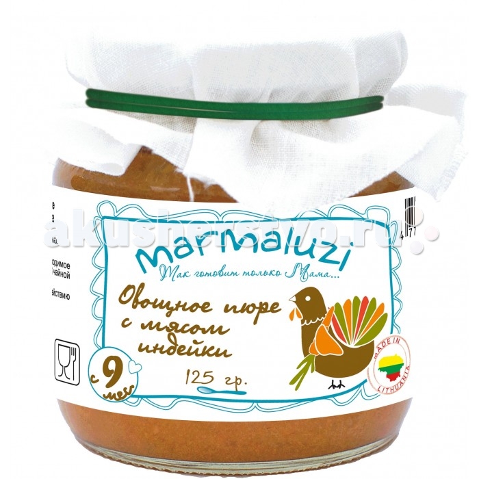 Marmaluzi Пюре овощи с мясом индейки с 9 мес. 125 гПюре овощи с мясом индейки с 9 мес. 125 г Marmaluzi Пюре овощи с мясом индейки с 9 мес. 125 гПюре овощи с мясом индейки с 9 мес. 125 гMarmaluzi Пюре овощное с мясом индейки - это вкусное сытное пюре идеально сбалансировано для питания детей с 9 месяцев. Грудка индейки, сочные тыква и морковь – это тщательно отобранные ингредиенты из экологически-чистых Литовских фермерских хозяйств, которые превращают это пюре в настоящее лакомство . Особенности: 100% натуральный продукт без ароматизаторов, красителей и консервантов - без глютена без добавления соли, крахмала, сахара без ГМО продукт готов к употреблению рекомендуется начинать кормление с 1 чайной ложки, постепенно увеличивая к 12 месяцам до 100 г в день Состав: тыква 52%, морковь 25%, вода, филе индейки 8%, рапсовое масло 1,3%.<br>
