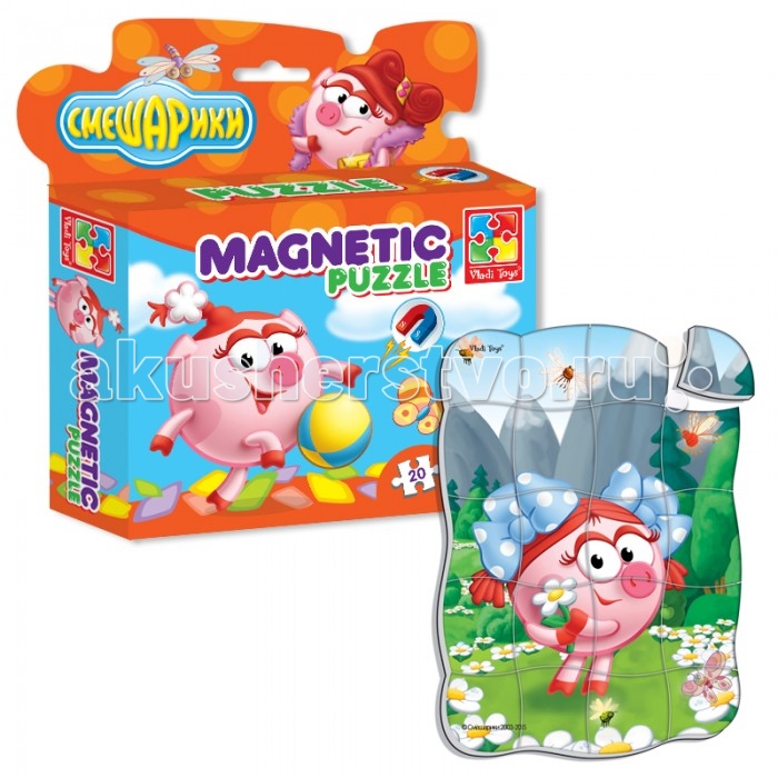Vladi toys Магнитные фигурные пазлы Смешарики Нюша 20 деталейМагнитные фигурные пазлы Смешарики Нюша 20 деталей Vladi toys Магнитные фигурные пазлы Смешарики Нюша 20 деталейМагнитные фигурные пазлы Смешарики Нюша 20 деталейНабор Магнитные фигурные пазлы Смешарики состоит из 20 красочных деталей. Каждая деталь пазла объемная и мягкая, благодаря специальной прослойке. Ее легко перемещать по поверхности, удобно брать в руку и держать маленькими детскими пальчиками. Необычный вид соединения деталей делает игру настоящей головоломкой, которая помогает весело проводить время и развиваться. Собранную картинку можно разместить на холодильнике или любой магнитной поверхности. Оригинальная упаковка делает этот пазл отличным вариантом для подарка. Размер собранной картинки 14.5 x 21 см.<br>