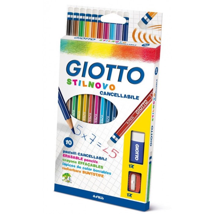 Giotto Stilnovo Cancellab + Temp + Gom 10 цветных с индивидуальным ластикомStilnovo Cancellab + Temp + Gom 10 цветных с индивидуальным ластиком Giotto Stilnovo Cancellab + Temp + Gom 10 цветных с индивидуальным ластикомStilnovo Cancellab + Temp + Gom 10 цветных с индивидуальным ластикомGiotto Stilnovo Cancellab + Temp + Gom 10 цветных карандашей с индивидуальным ластиком + ластик + точилка. Гексагональные цветные деревянные карандаши с серебряным нанесением по ребру грани. Сертифицированное дерево, экологические. Очень яркие насыщенные цвета. Максимальная толщина грифеля 3,3 мм. Легко затачиваются, не крошатся. Идеально подходят для школы. Корпус карандаша с индивидуальным ластиком. 10 цветов. В набор входит дополнительный ластик и точилка.<br>