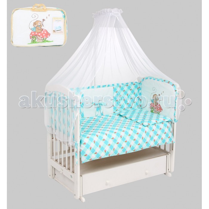 Комплект в кроватку Leader Kids Мышка-норушка (7 предметов)Мышка-норушка (7 предметов) Комплект в кроватку Leader Kids Мышка-норушка (7 предметов)Мышка-норушка (7 предметов)Комплект в кроватку 7-ми предм. Мышка-норушка Качественное правильно подобранное постельное белье - это залог крепкого сна ребенка и его хорошего самочувствия. Но постельное белье может при этом быть еще и красивым! Этот набор выполнен из высококачественного гипоаллергенного материала - хлопка. Он приятен на ощупь, позволяет коже дышать, безопасен для детей. В этот комплект входят семь предметов для удобного сна и декорирования кроватки (бампер, одеяло, подушка, балдахин, наволочка, пододеяльник, простыня на резинке). Размер их - стандартный, всё удобно заправляется. Изделие имеет приятную расцветку, декорировано симпатичным принтом. Подойдет к интерьеру различной расцветки. Характеристики: материал: хлопок 100%; комплектация: 7 предметов; бампер: 360x40 см; одеяло: 90х120 см; подушка: 40х60 см; балдахин: 420х165 см - вуаль; наволочка: 40x60 см; пододеяльник: 90x120 см; простыня на резинке: 90x150 см;<br>