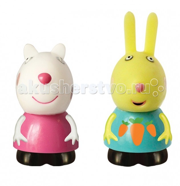 Peppa Pig Набор игрушек-брызгунчиковНабор игрушек-брызгунчиков Peppa Pig Набор игрушек-брызгунчиковНабор игрушек-брызгунчиковОвечка Сьюзи (10 см) и кролик Ребекка (12 см) – это герои мультфильма Свинка Пеппа. С их резиновыми фигурками малыш может увлеченно играть и дома, и на улице, и даже в ванне. Их яркая окраска улучшает цветовосприятие малютки, а приятная на ощупь поверхность развивает тактильные ощущения. Игрушки выполнены из пластизоля.<br>