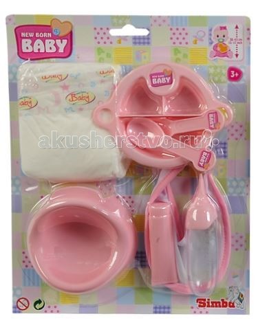 Simba Набор для кормления New Born Baby 30-43 смНабор для кормления New Born Baby 30-43 см Simba Набор для кормления New Born Baby 30-43 смНабор для кормления New Born Baby 30-43 смНабор для кормления Simba New Born Baby Набор содержит 8 предметов: памперс, горшок, тарелочка, ложка, вилка, слюнявчик, бутылочка. Для куклы: 30-43 см<br>