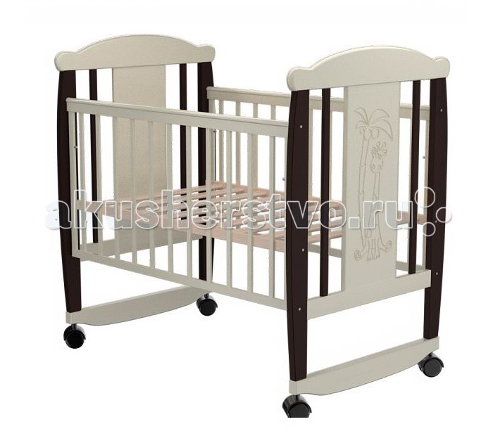 Детская кроватка Valle Giraffe 02 (колесо-качалка)Giraffe 02 (колесо-качалка) Детская кроватка Valle Giraffe 02 (колесо-качалка)Giraffe 02 (колесо-качалка)Удобная и функциональная детская кроватка Valle Giraffe 02 предназначена для новорожденных детей и используется до 4-5 лет. Изготовлена на современном оборудовании из натурального экологически чистого массива березы, что обеспечивает прочность и долговечность. Высокое качество отделки. Для окраски применяются лаки, не содержащие вредных для здоровья ребенка веществ. Украшает кроватку декоративная резьба спинки. Характеристики: Материал: целиковая древесина березы, декоративная вставка МДФ Основание реечное регулируется по высоте Реечные панели по бокам не препятствуют естественной вентиляции Размер спального места стандартный 120х60, что позволяет легко подбирать постельное белье и матрасы для ребенка Для качания предусмотрены специальные полозья Передняя стенка опускаемая Для удобства перемещения есть четыре колесика На спинке кроватки очаровательная резьба - жирафик Размер 125х65х118 см.<br>