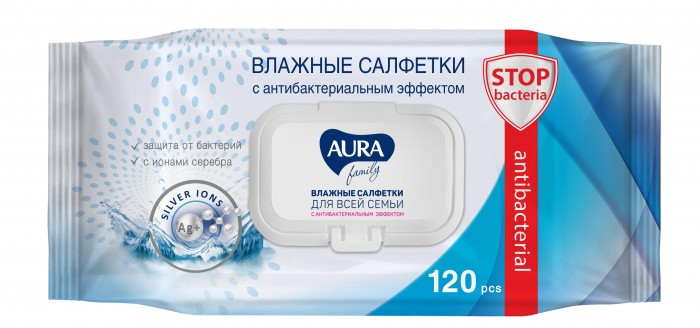 

Aura Влажные салфетки антибактериальные 120 шт.