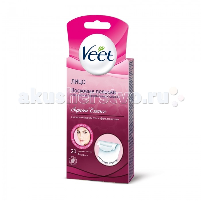 

Veet Восковые полоски для чувствительных участков лица с ароматом бархатной розы и эфирными маслами 20 шт.